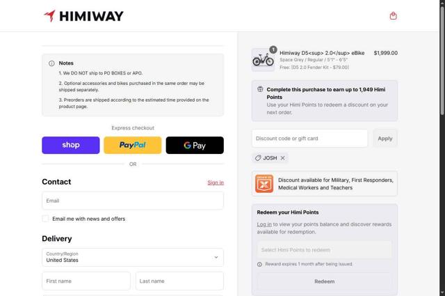 Himiway Bike checkout page showing Himiway Bike discount code box | Screenshot taken by SimplyCodes community member on Sep 13, 2025