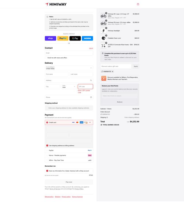 Himiway Bike checkout page showing Himiway Bike discount code box | Screenshot taken by SimplyCodes community member on Sep 4, 2025