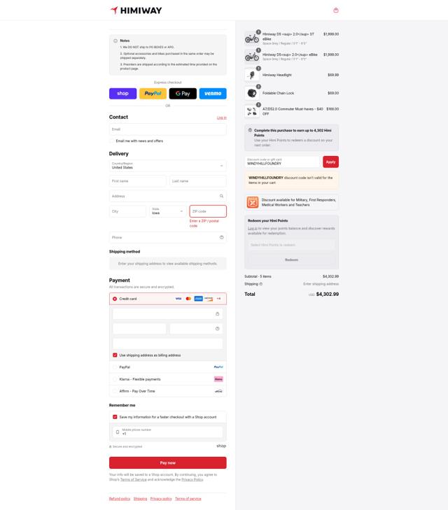 Himiway Bike checkout page showing Himiway Bike discount code box | Screenshot taken by SimplyCodes community member on Sep 4, 2025