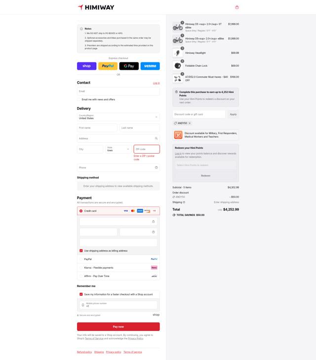 Himiway Bike checkout page showing Himiway Bike discount code box | Screenshot taken by SimplyCodes community member on Sep 4, 2025