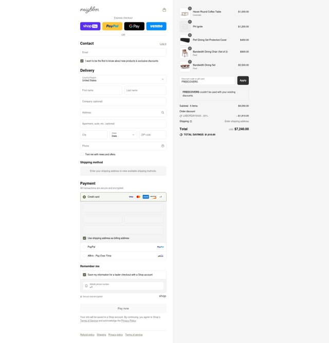 Neighbor Outdoor checkout page showing Neighbor Outdoor promo code box | Screenshot taken by SimplyCodes community member on Aug 25, 2025