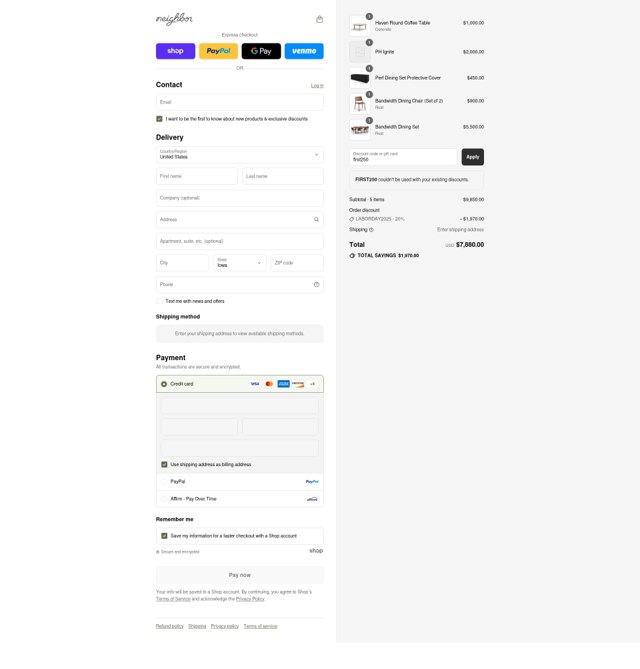 Neighbor Outdoor checkout page showing Neighbor Outdoor promo code box | Screenshot taken by SimplyCodes community member on Sep 2, 2025