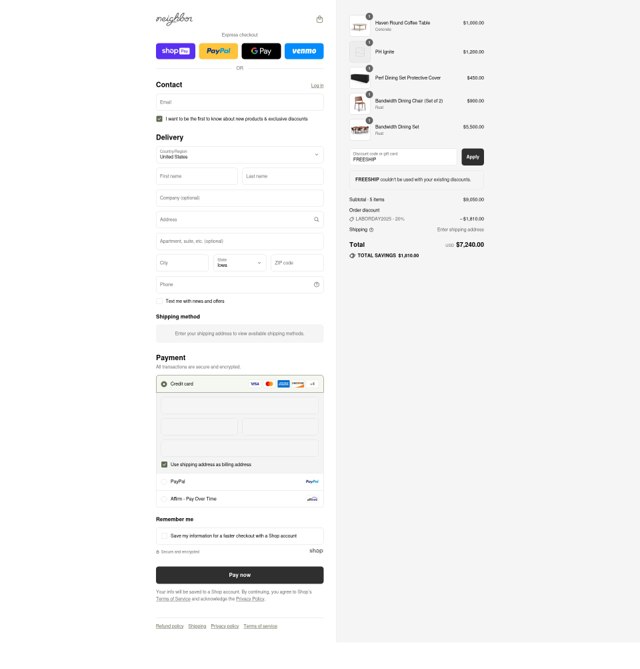 Neighbor Outdoor checkout page showing Neighbor Outdoor promo code box | Screenshot taken by SimplyCodes community member on Aug 21, 2025