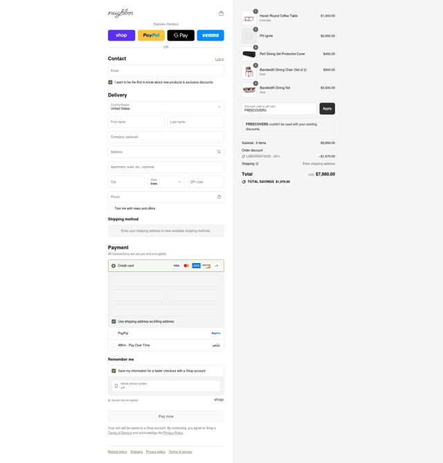 Neighbor Outdoor checkout page showing Neighbor Outdoor promo code box | Screenshot taken by SimplyCodes community member on Sep 2, 2025