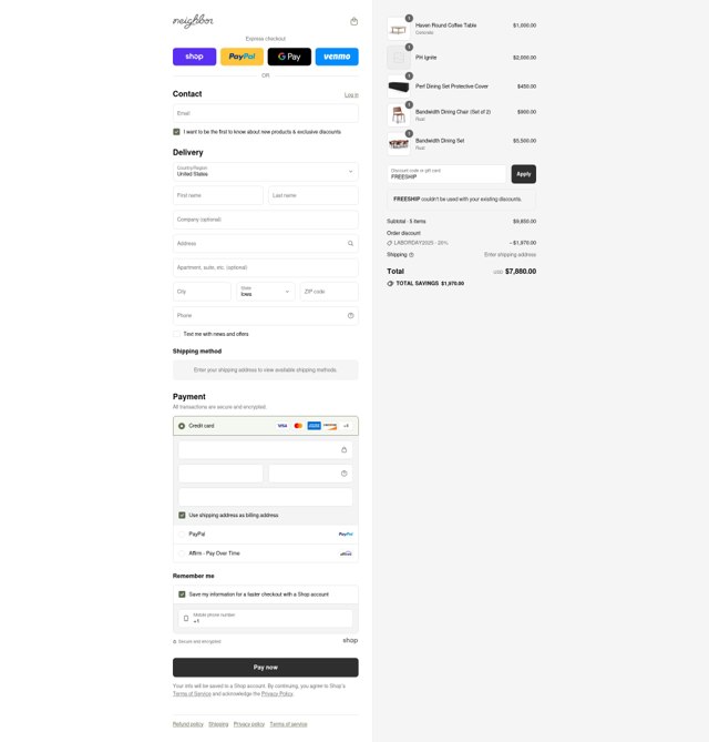 Neighbor Outdoor checkout page showing Neighbor Outdoor promo code box | Screenshot taken by SimplyCodes community member on Sep 2, 2025