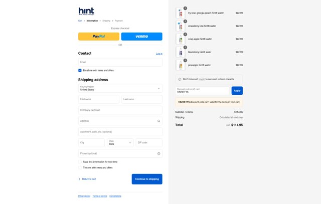 Hint Water checkout page showing Hint Water coupon code box | Screenshot taken by SimplyCodes community member on Sep 3, 2025