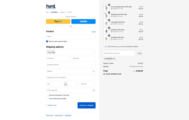 Hint Water checkout page showing Hint Water coupon code box | Screenshot taken by SimplyCodes community member on Sep 3, 2025