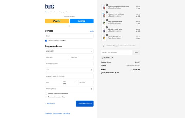 Hint Water checkout page showing Hint Water coupon code box | Screenshot taken by SimplyCodes community member on Sep 3, 2025