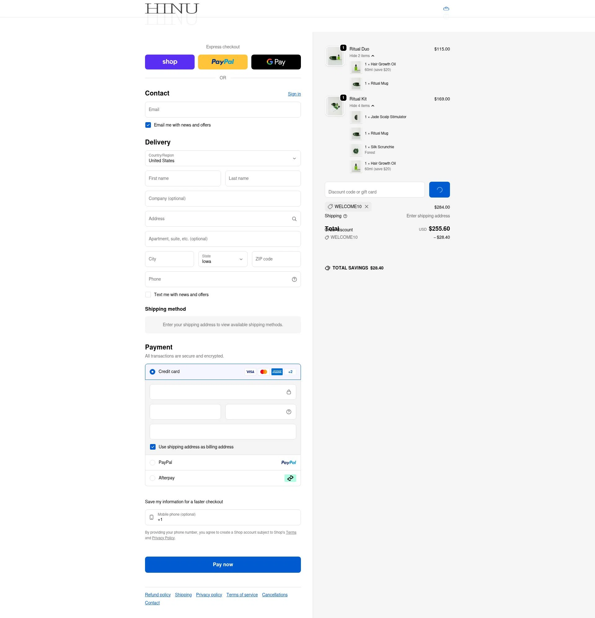 HINU checkout page showing HINU promo code box | Screenshot taken by SimplyCodes community member on Feb 1, 2026