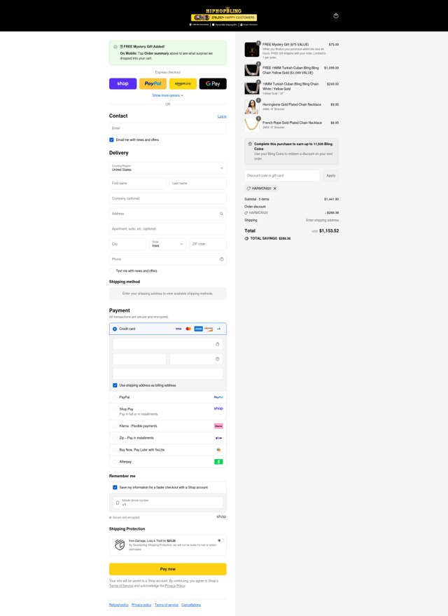 HipHopBling checkout page showing HipHopBling discount code box | Screenshot taken by SimplyCodes community member on Sep 1, 2025