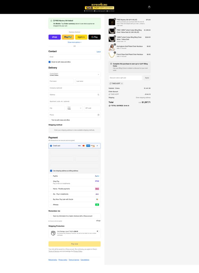 HipHopBling checkout page showing HipHopBling discount code box | Screenshot taken by SimplyCodes community member on Sep 1, 2025