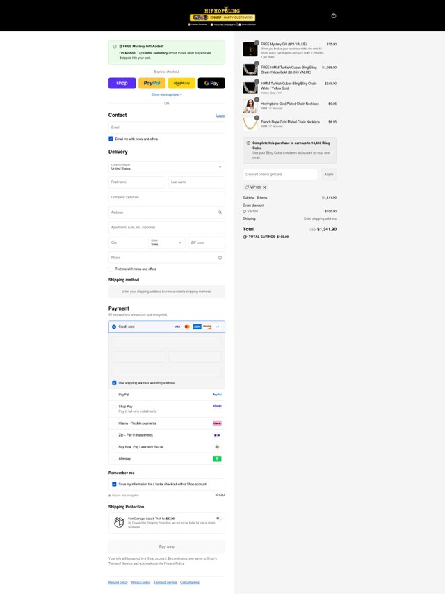 HipHopBling checkout page showing HipHopBling discount code box | Screenshot taken by SimplyCodes community member on Sep 1, 2025