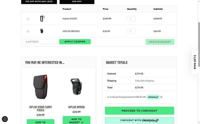 Hiplok checkout page showing Hiplok discount code box | Screenshot taken by SimplyCodes community member on Aug 21, 2025