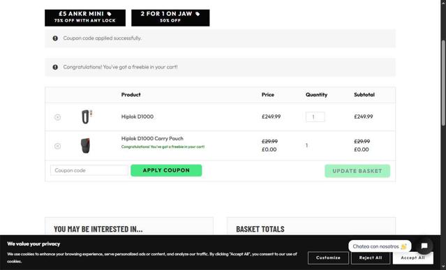 Hiplok checkout page showing Hiplok discount code box | Screenshot taken by SimplyCodes community member on Aug 19, 2025