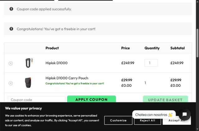 Hiplok checkout page showing Hiplok discount code box | Screenshot taken by SimplyCodes community member on Aug 14, 2025