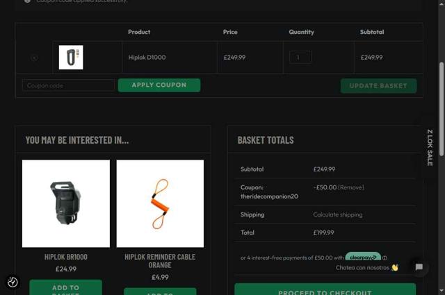 Hiplok checkout page showing Hiplok discount code box | Screenshot taken by SimplyCodes community member on Aug 19, 2025