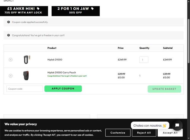 Hiplok checkout page showing Hiplok discount code box | Screenshot taken by SimplyCodes community member on Sep 11, 2025