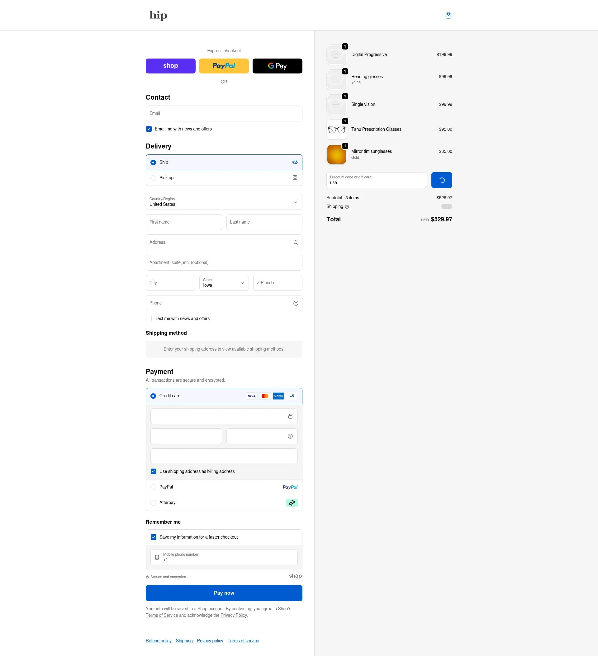 Hip Optical checkout page showing Hip Optical discount code box | Screenshot taken by SimplyCodes community member on Jan 8, 2026