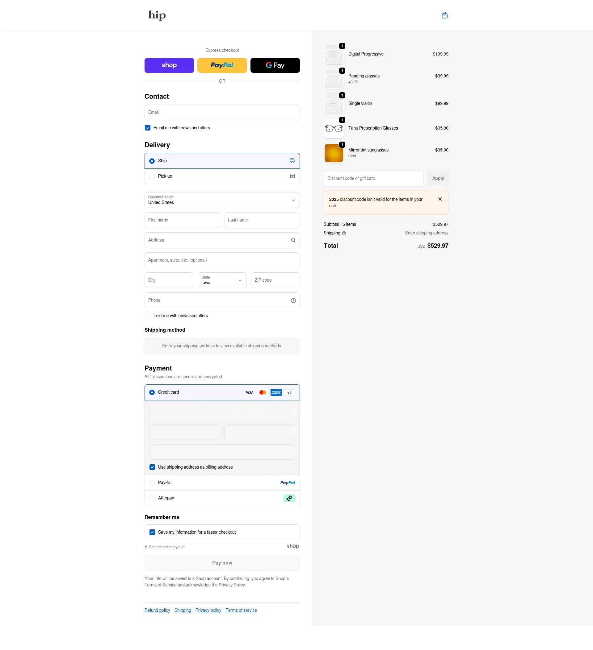 Hip Optical checkout page showing Hip Optical discount code box | Screenshot taken by SimplyCodes community member on Jan 3, 2026