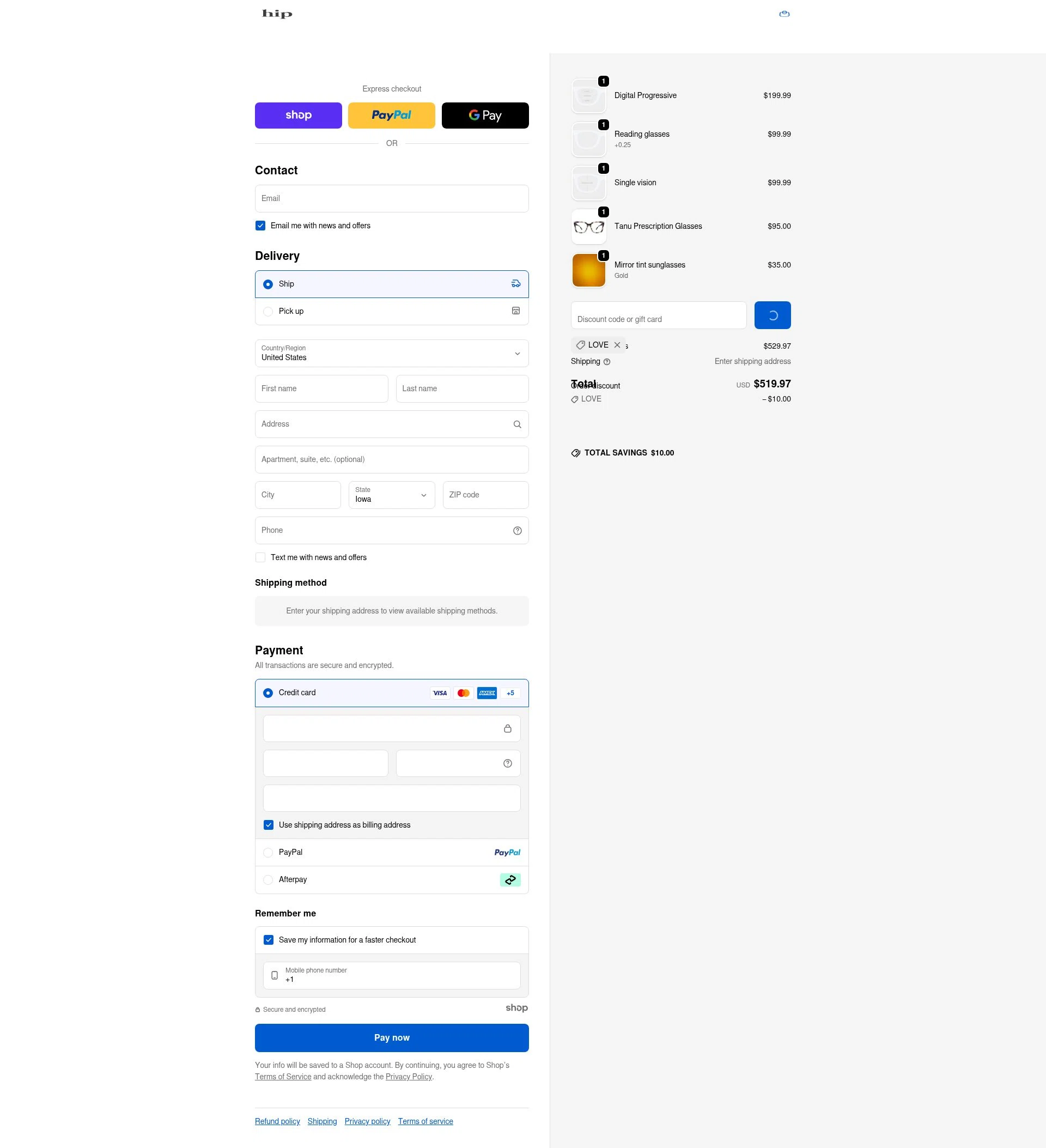 Hip Optical checkout page showing Hip Optical discount code box | Screenshot taken by SimplyCodes community member on Jan 8, 2026