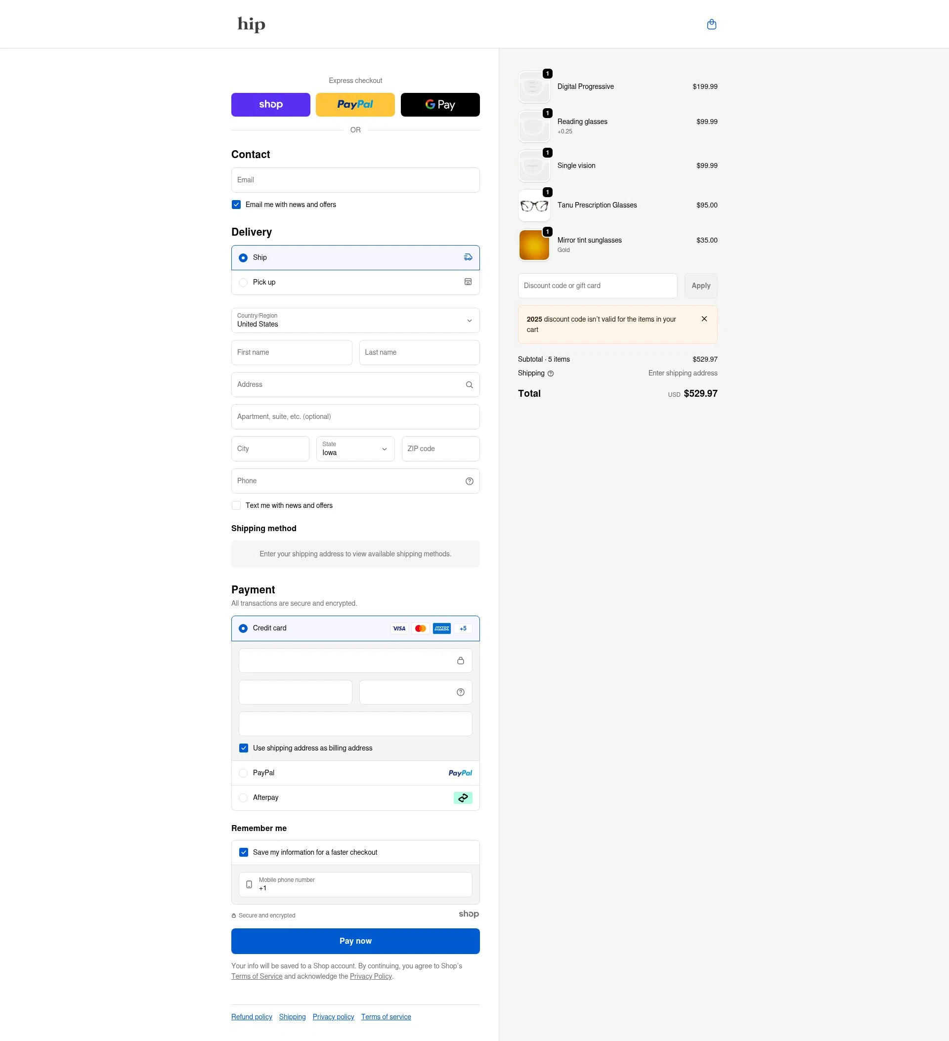 Hip Optical checkout page showing Hip Optical discount code box | Screenshot taken by SimplyCodes community member on Jan 8, 2026