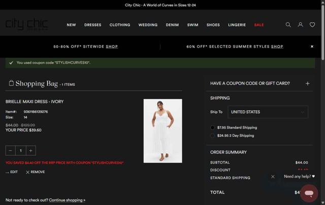 Hips & Curves checkout page showing Hips & Curves promo code box | Screenshot taken by SimplyCodes community member on Aug 15, 2025