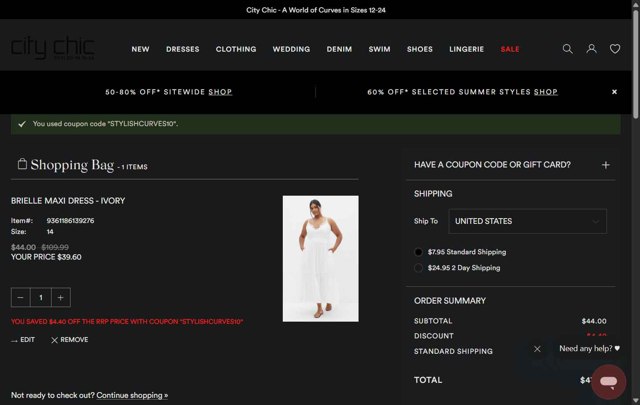 Hips & Curves checkout page showing Hips & Curves promo code box | Screenshot taken by SimplyCodes community member on Aug 15, 2025