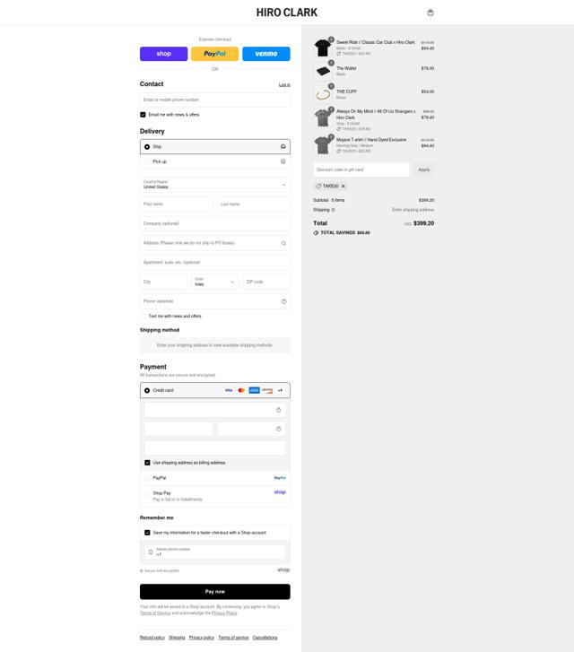 Hiro Clark checkout page showing Hiro Clark discount code box | Screenshot taken by SimplyCodes community member on Sep 3, 2025