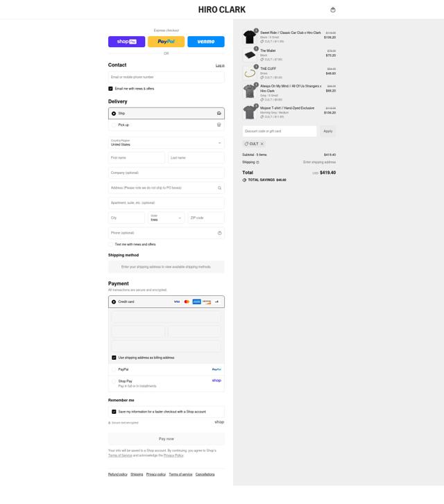 Hiro Clark checkout page showing Hiro Clark discount code box | Screenshot taken by SimplyCodes community member on Aug 26, 2025