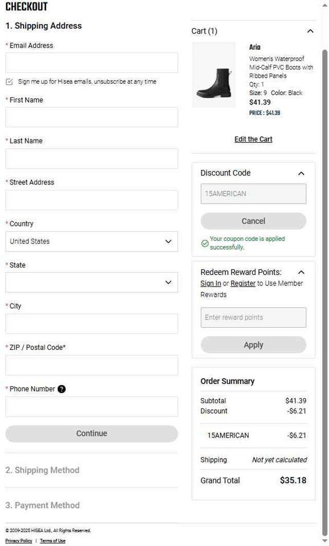 HISEA checkout page showing HISEA discount code box | Screenshot taken by SimplyCodes community member on Sep 10, 2025
