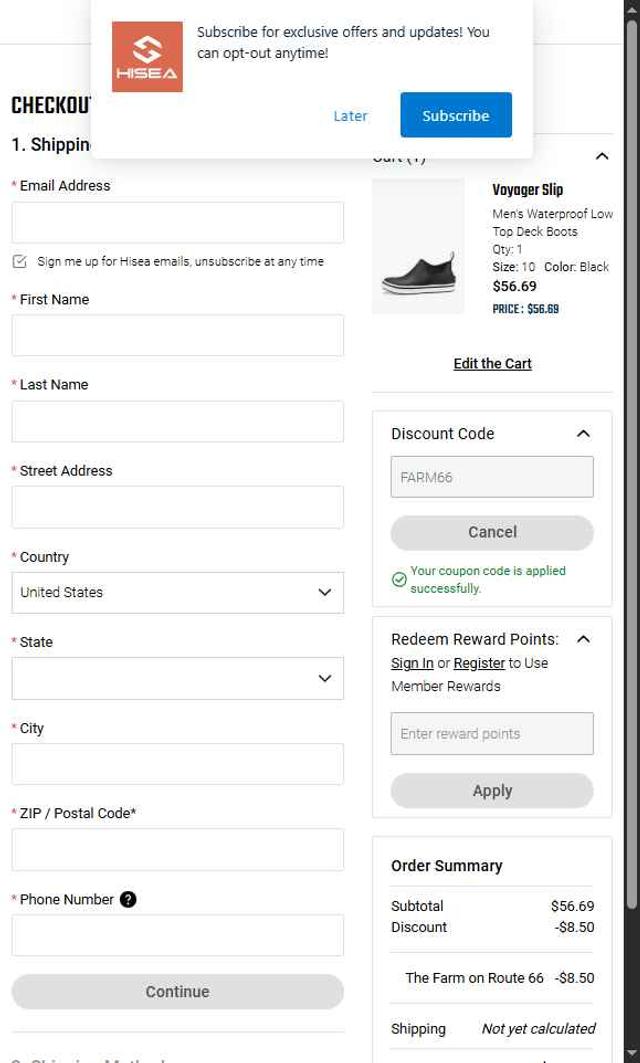 HISEA checkout page showing HISEA discount code box | Screenshot taken by SimplyCodes community member on Sep 11, 2025