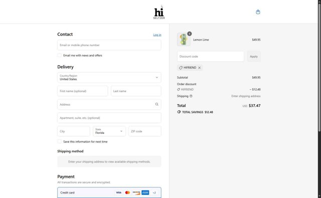 Hi Seltzer checkout page showing Hi Seltzer promo code box | Screenshot taken by SimplyCodes community member on Sep 1, 2025