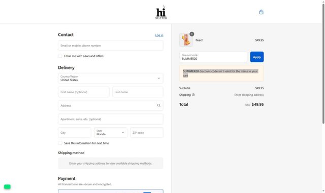 Hi Seltzer checkout page showing Hi Seltzer promo code box | Screenshot taken by SimplyCodes community member on Aug 30, 2025