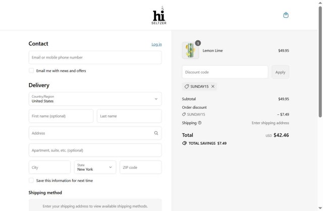 Hi Seltzer checkout page showing Hi Seltzer promo code box | Screenshot taken by SimplyCodes community member on Aug 10, 2025