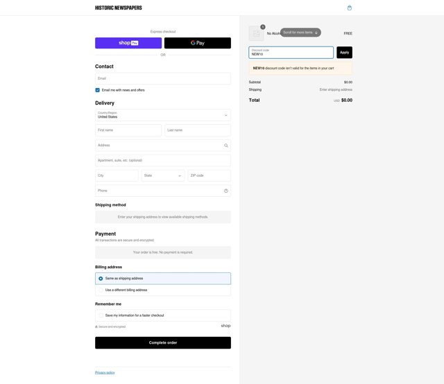 Historic Newspapers checkout page showing Historic Newspapers promo code box | Screenshot taken by SimplyCodes community member on Mar 3, 2025