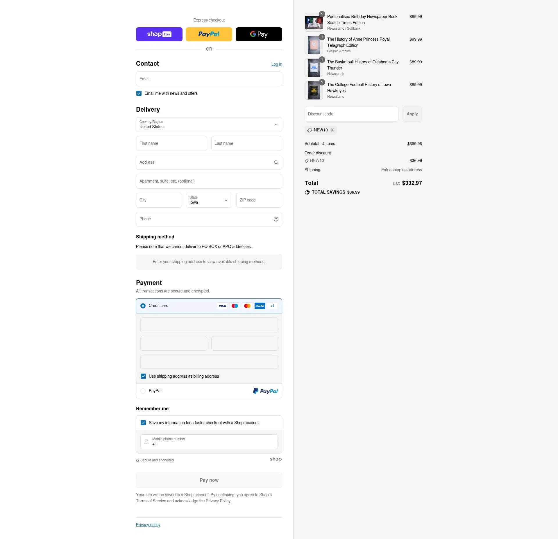 Historic Newspapers checkout page showing Historic Newspapers promo code box | Screenshot taken by SimplyCodes community member on Jul 27, 2025