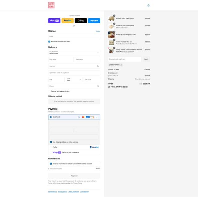 History By Mail checkout page showing History By Mail promo code box | Screenshot taken by SimplyCodes community member on Aug 8, 2025