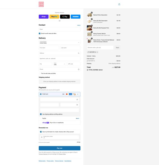 History By Mail checkout page showing History By Mail promo code box | Screenshot taken by SimplyCodes community member on Aug 12, 2025