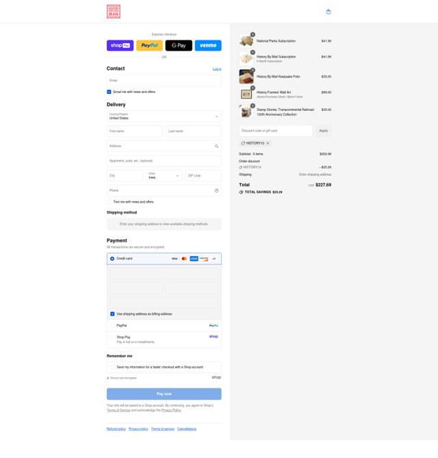 History By Mail checkout page showing History By Mail promo code box | Screenshot taken by SimplyCodes community member on Aug 22, 2025