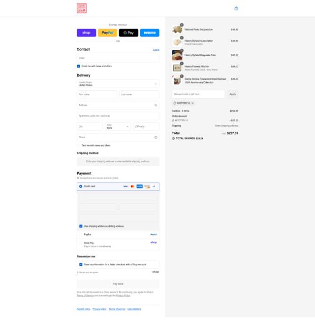History By Mail checkout page showing History By Mail promo code box | Screenshot taken by SimplyCodes community member on Sep 8, 2025