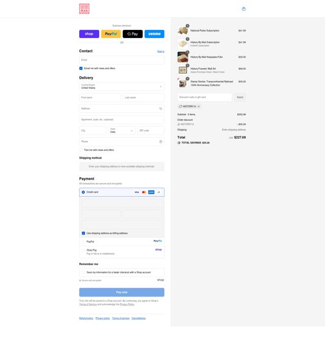 History By Mail checkout page showing History By Mail promo code box | Screenshot taken by SimplyCodes community member on Sep 16, 2025