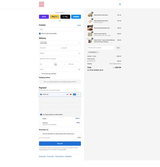History By Mail checkout page showing History By Mail promo code box | Screenshot taken by SimplyCodes community member on Sep 11, 2025