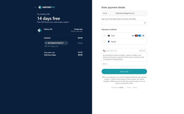History Hit checkout page showing History Hit promo code box | Screenshot taken by SimplyCodes community member on Jul 24, 2025