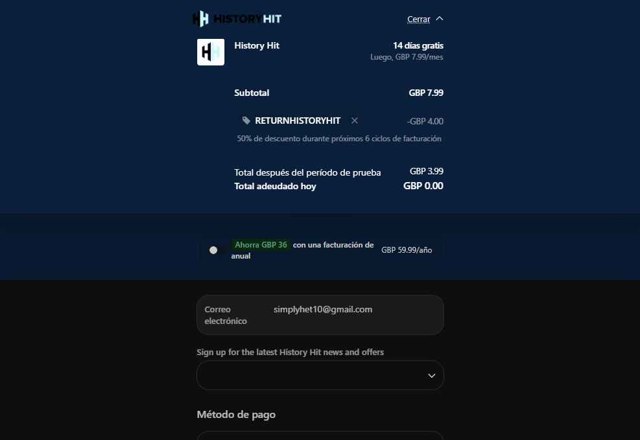 History Hit checkout page showing History Hit promo code box | Screenshot taken by SimplyCodes community member on Jul 24, 2025