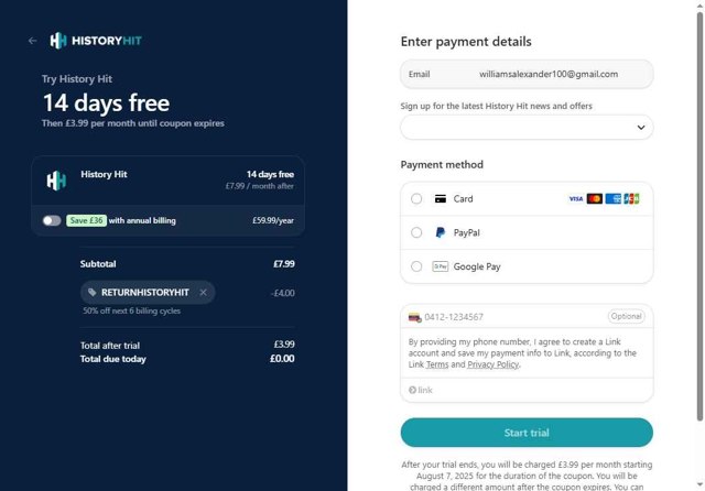 History Hit checkout page showing History Hit promo code box | Screenshot taken by SimplyCodes community member on Jul 24, 2025