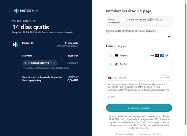History Hit checkout page showing History Hit promo code box | Screenshot taken by SimplyCodes community member on Jul 24, 2025