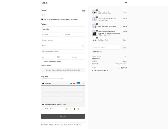Hit! Balm checkout page showing Hit! Balm discount code box | Screenshot taken by SimplyCodes community member on Sep 1, 2025