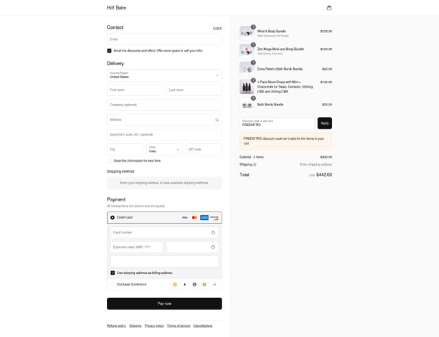 Hit! Balm checkout page showing Hit! Balm discount code box | Screenshot taken by SimplyCodes community member on Sep 6, 2025