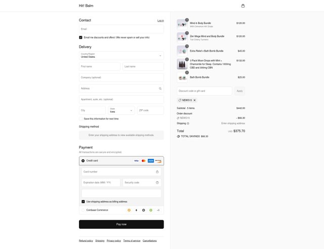 Hit! Balm checkout page showing Hit! Balm discount code box | Screenshot taken by SimplyCodes community member on Sep 6, 2025
