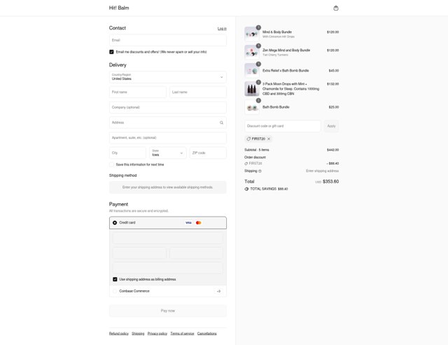 Hit! Balm checkout page showing Hit! Balm discount code box | Screenshot taken by SimplyCodes community member on Sep 6, 2025